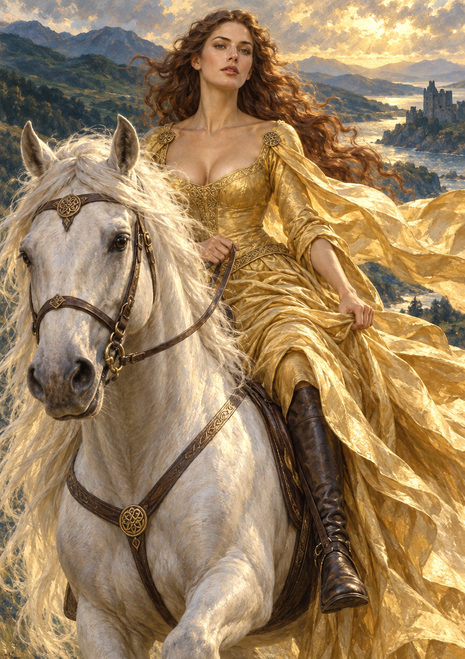 Woman in a flowing gold gown rides a white horse above a river valley, with mountains and a distant castle.