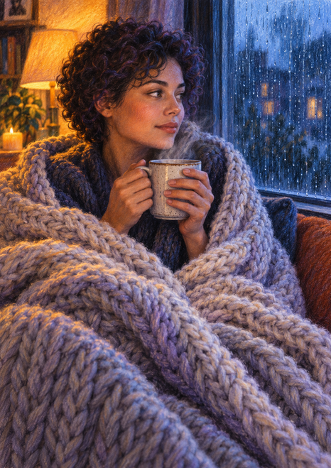 Curly-haired adult wrapped in a large knitted blanket, holding a mug by a rain-streaked window beside a warm lamp.