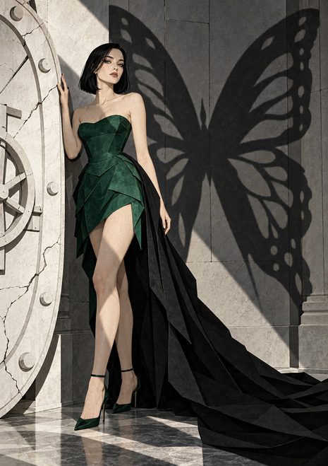 Woman in a deep green dress and long black train beside an oversized butterfly-shaped shadow on a pale stone wall.