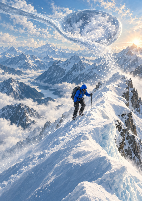 Small climber in a blue jacket on a snowy ridge beneath a giant spoon-shaped ice cloud and distant mountains.