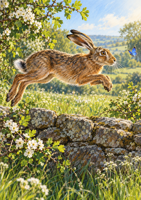 A tawny hare leaps above a stone wall toward a small blue butterfly among white blossoms and green meadow foliage.