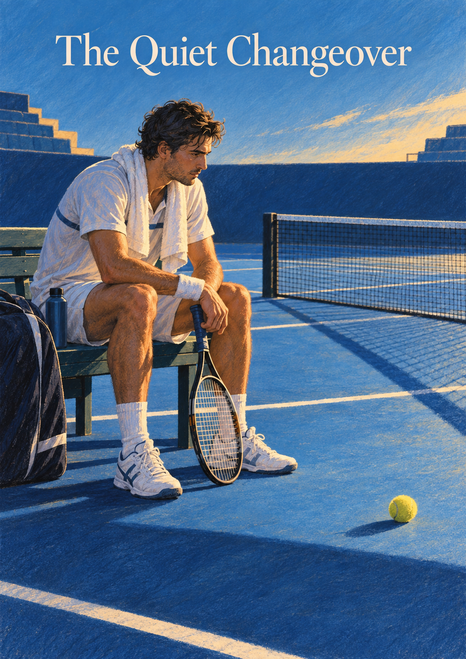 An adult tennis player sits on a bench beside his racket as a yellow ball rests on the blue court; cream title lettering reads The Quiet Changeover.