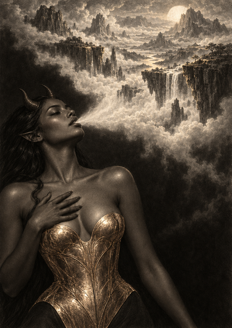 Horned woman in a gold corset before a moonlit fantasy landscape of clouds, cliffs, waterfalls, and distant mountains.