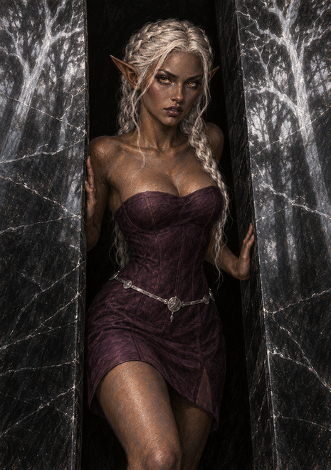Pale-haired, pointed-eared woman in a plum dress standing between dark veined stone slabs.