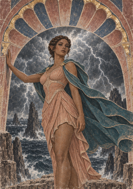 Woman in a coral-pink dress and blue-green cape beneath a decorative stone arch, with lightning over a rough sea and rocky stacks.
