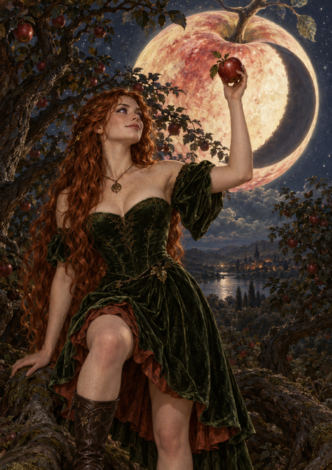 Red-haired woman in a dark green dress holding a red apple before a large moon, framed by orchard branches above a distant lake and settlement.