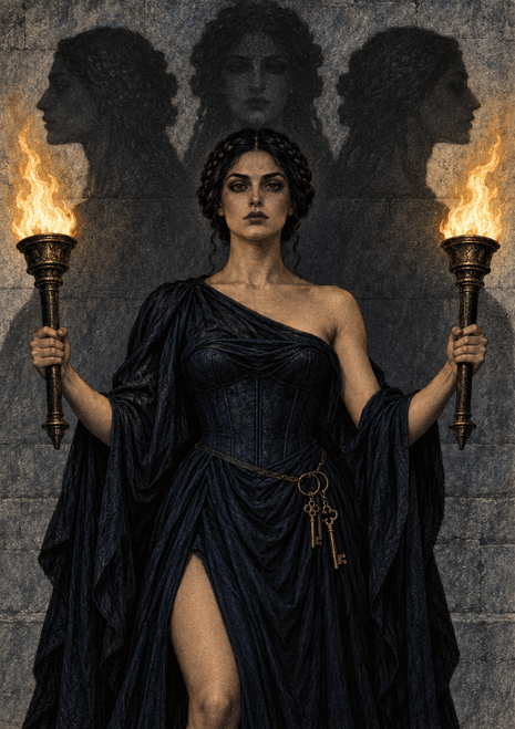 A woman in a dark gown holds two flaming torches before three shadowy female forms on a stone wall.