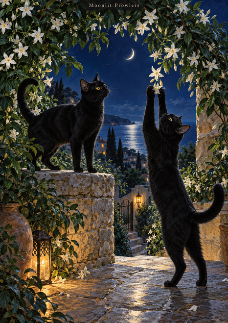 Two black cats beneath a white jasmine arch in a moonlit courtyard, with a crescent moon, distant water, and a glowing lantern.