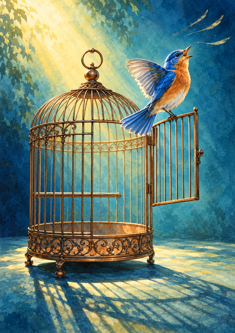A blue-and-copper songbird perches on an ornate cage beside its open door, lit by a bright beam of daylight.