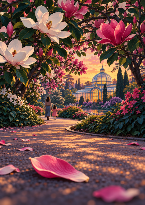Adult and child walking toward a glowing glass conservatory beneath pink and white flowering branches, with a large pink petal in the foreground.