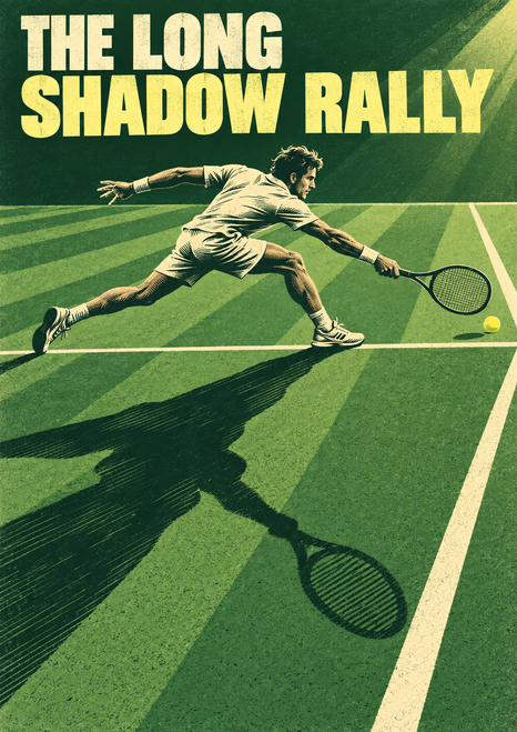 Tennis player lunging with racket toward a yellow ball on a green court, with a long diagonal shadow and title lettering above.