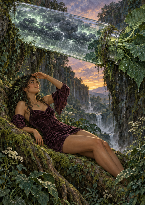 Curly-haired woman reclining in forest foliage beneath a transparent vial containing storm clouds, rain, and lightning.