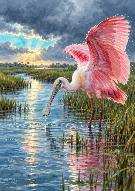Pink roseate spoonbill with raised wings and a droplet-tipped bill standing in reflective marsh water beneath clearing storm clouds.