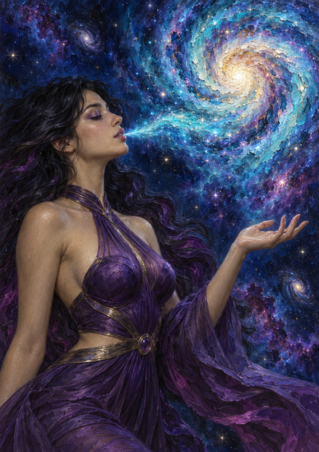 Dark-haired woman in purple exhaling a blue-white stream toward a luminous spiral galaxy amid stars and nebulae.