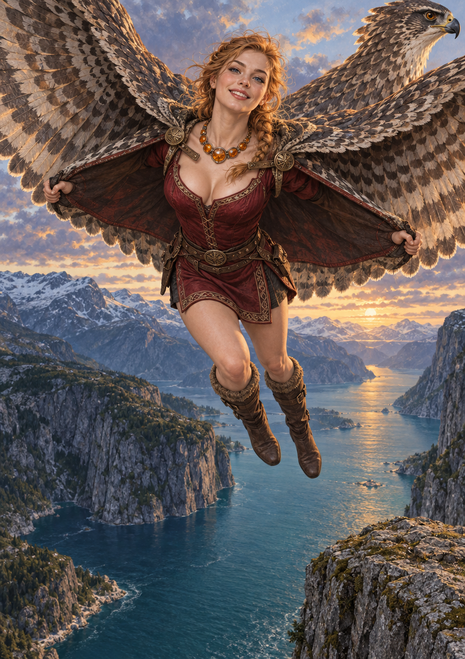 A woman in a burgundy tunic flies above a fjord at sunset, holding a feathered wing-like cloak with an eagle-like head at the upper right.