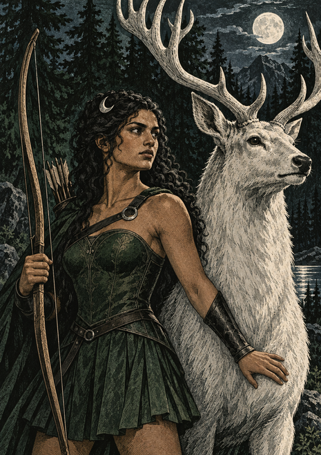 Dark-haired archer with a crescent ornament beside a pale stag in a moonlit forest, with broad antlers, mountains, and water.