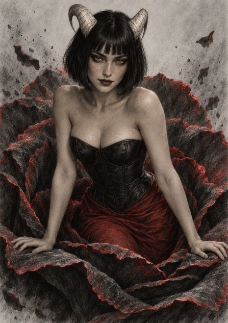 Front-facing horned woman in a black corset and deep-red draped skirt among layered dark forms edged in red.