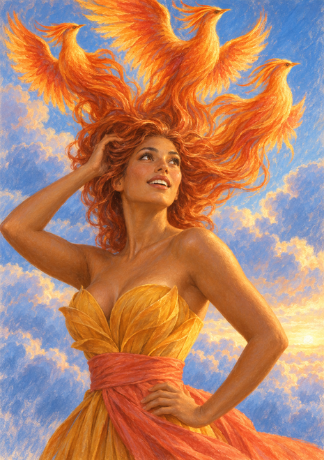 A smiling woman in a gold bodice and red sash poses beneath three bright orange firebird-like forms blending into her flowing orange-red hair.