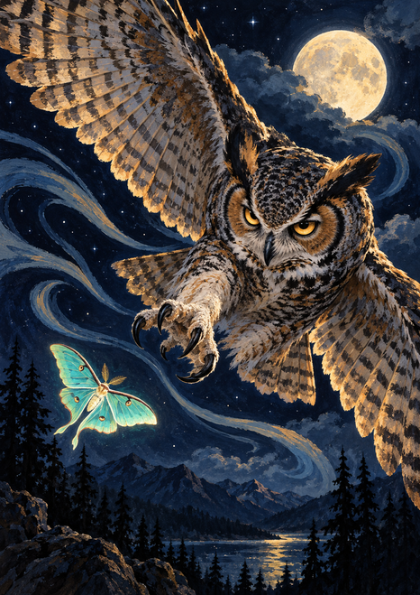 Horned owl swooping toward a glowing turquoise moth beneath a moon, with stars, curling clouds, mountains, and dark trees.