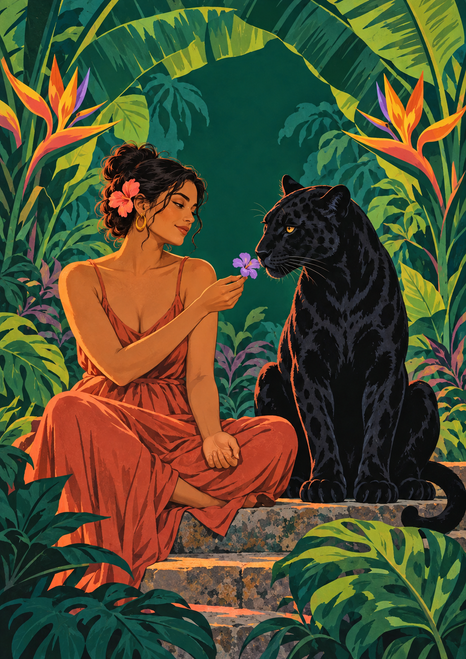 Seated woman in a coral-red dress offers a small purple flower to a black panther amid tropical foliage and stone steps.