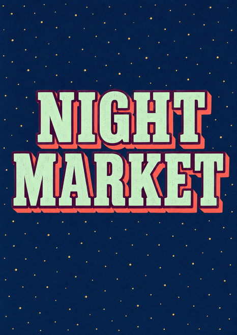 Two-line NIGHT MARKET lettering in pale mint with aubergine outlines and coral shadows on a midnight-blue field with gold dots.