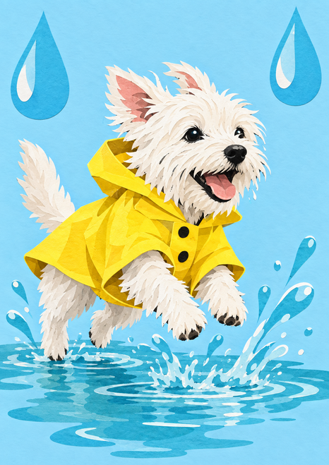 Fluffy white terrier in a bright yellow raincoat leaping above an aqua puddle, with water splashes and large blue raindrop motifs.