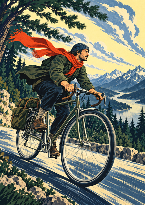 Cyclist with a red-orange scarf rides a touring bicycle past pine forest, a lake, and mountains beneath a pale sky.