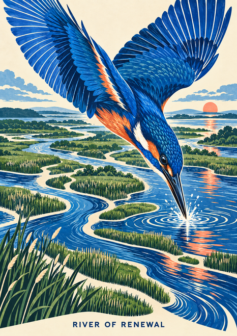 Cobalt-blue and orange kingfisher diving toward a bright ripple above branching green waterways and reed beds, with RIVER OF RENEWAL along the bottom.