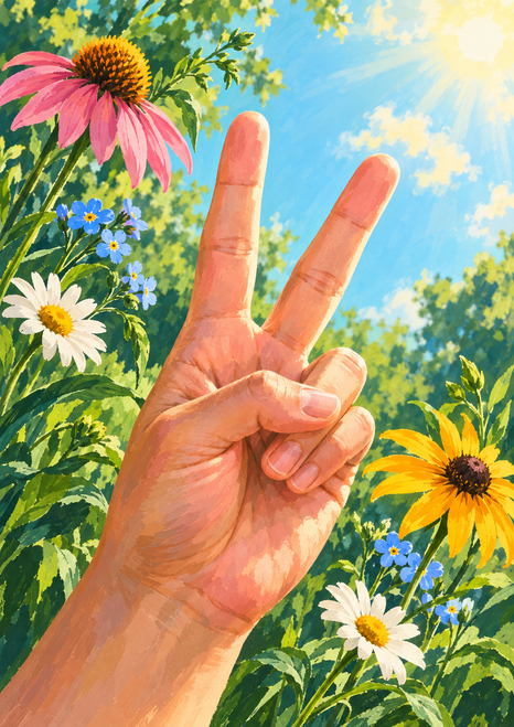 Warm-toned hand making a peace sign among pink coneflowers, white daisies, blue blossoms, and green foliage beneath a bright blue sky.