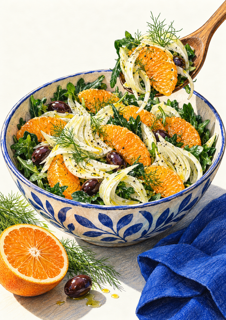 A patterned blue-and-white bowl of citrus, shaved fennel, greens, and olives, with a spoon lifting a bite and a cut orange beside it.