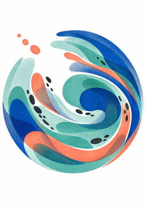 Layered blue, green, and coral arcs form a swirling abstract current with black marks and three coral dots drifting toward the upper left.