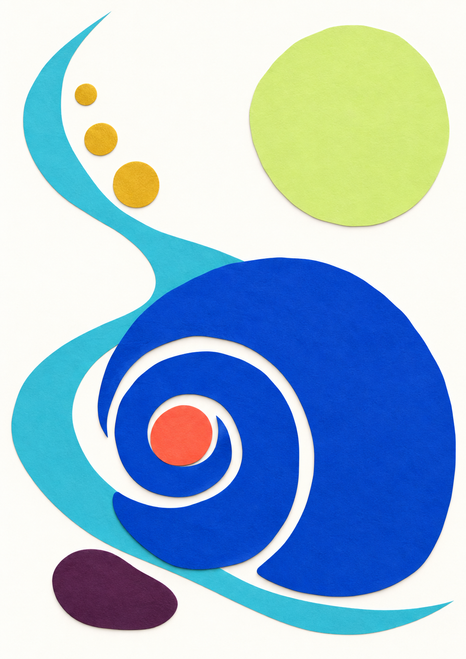 Abstract poster with a large cobalt spiral shell-like shape, coral center, turquoise curve, three gold circles, pale-lime disc, and plum oval on warm white.