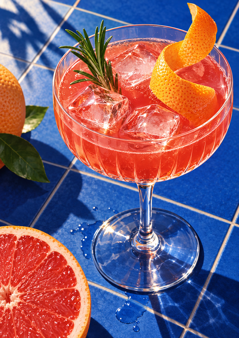 Ruby-pink cocktail with ice in a coupe glass, garnished with curled orange peel and rosemary against a cobalt-blue tiled background, with grapefruit at the left.