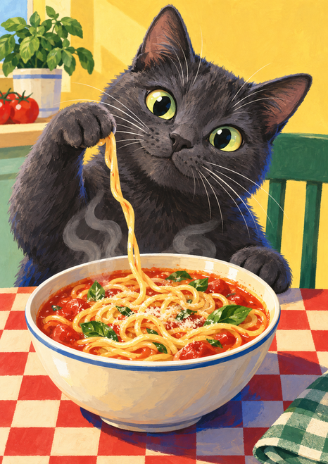 Charcoal-gray cat looking toward the viewer with one paw raised near a noodle above a steaming bowl of spaghetti, against a warm yellow kitchen background.