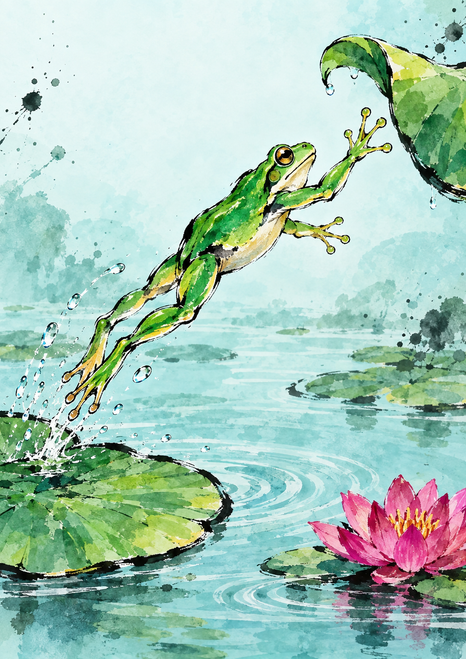 Green frog leaping diagonally from a lily pad toward a curled leaf, with trailing droplets, pale aqua ripples and a pink water lily.