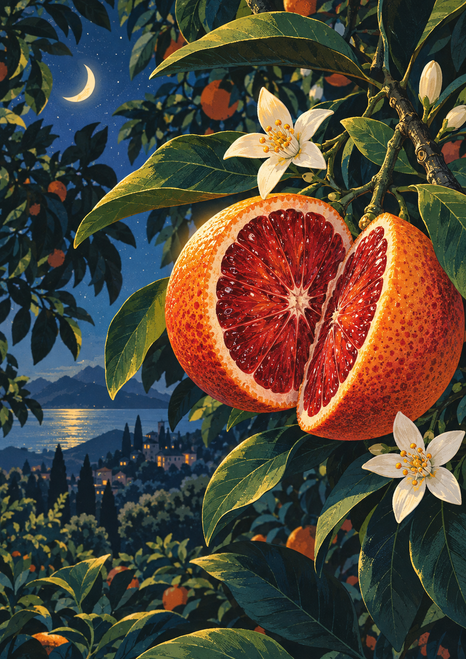 Cut blood orange and a second fruit piece among glossy night leaves and white blossoms, with a crescent moon and distant waterside settlement.