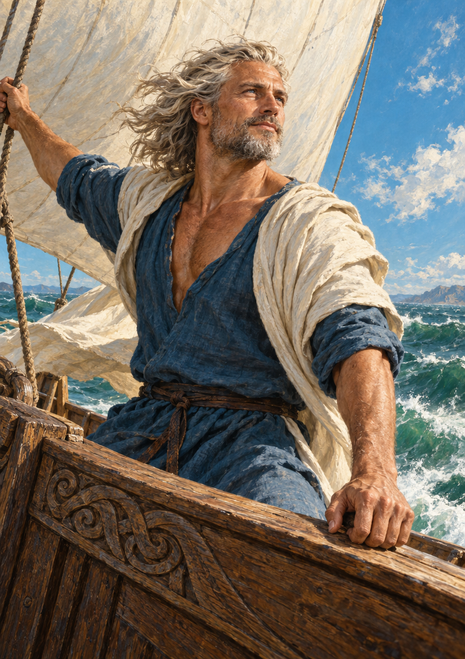 Gray-haired bearded man in blue and cream garments stands aboard a wooden ship beside a sail and rough sea.
