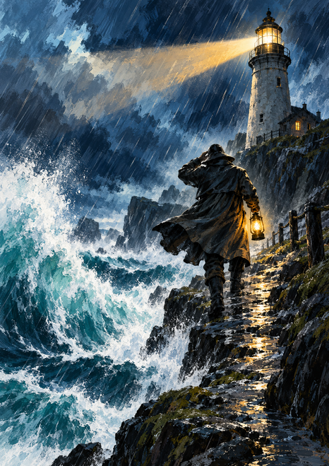 Cloaked figure holding a glowing lantern on a rocky cliff path beside a crashing wave, with an illuminated lighthouse in the rain.