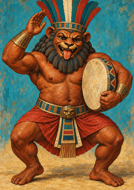 Lion-faced Bes wears a tall multicolored feather headdress and red skirt, raising one hand while holding a frame drum against turquoise.
