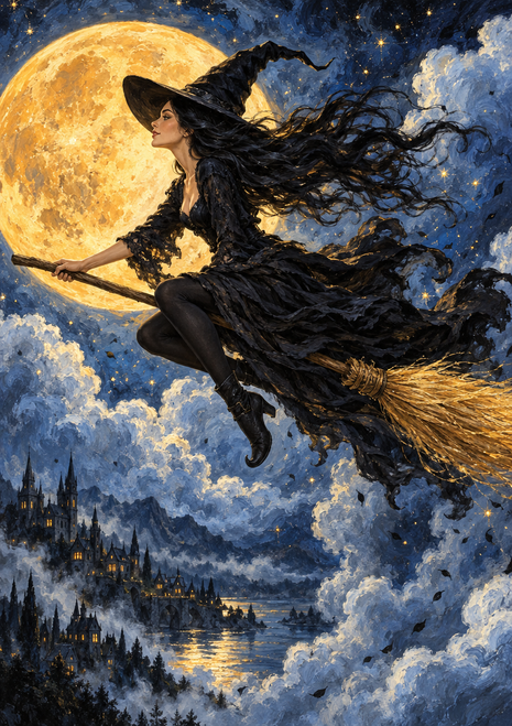 Black-clad witch flies on a broom across a large golden full moon above clouds and a lit castle town.