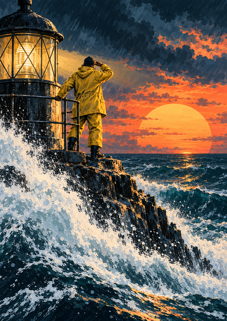 Yellow-coated figure beside a lit lighthouse on a dark headland, with an orange sun setting over white surf.