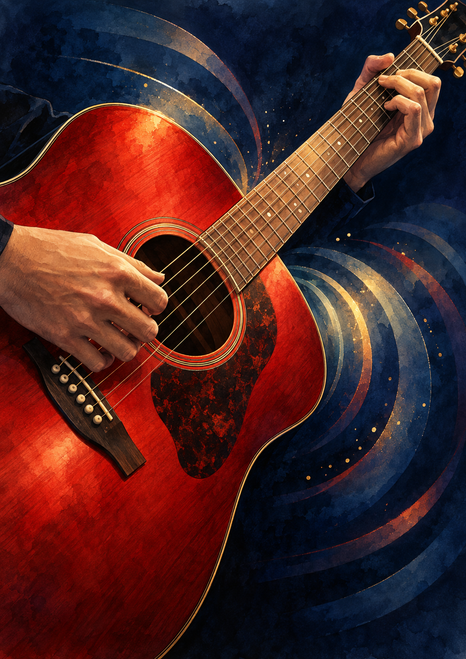 Diagonal red acoustic guitar with two playing hands, gold details, and curved luminous arcs against a dark indigo background.