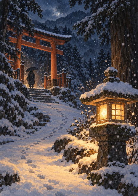 Glowing stone lantern beside a snow-covered path leading to a vermilion shrine gate, with a small traveler holding an umbrella.