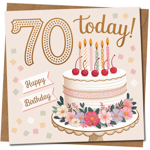 70th Birthday Card - Floral Cake, 145mm x 145mm Square, Includes Kraft Envelope