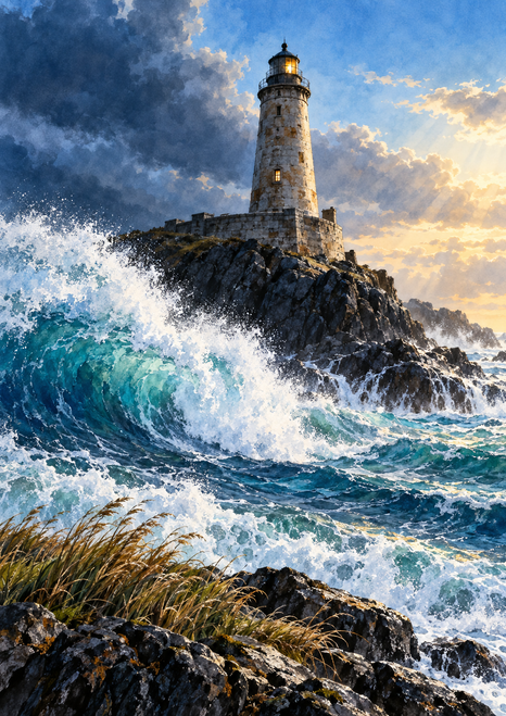 Stone lighthouse with an amber-lit window above a rugged black-rock headland and a large curling wave.