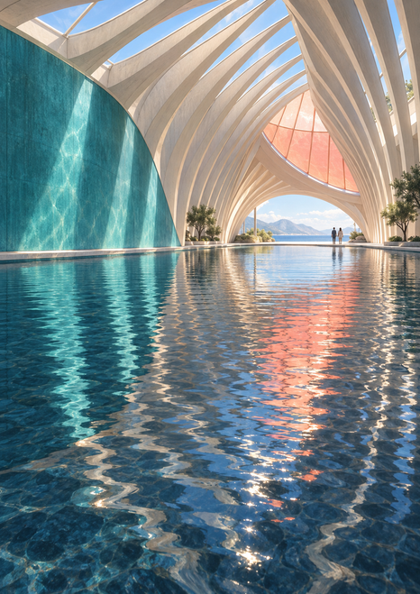 Modern pavilion interior with repeated white roof ribs, a curved teal wall, coral skylight, reflecting pool, and two distant visitors.