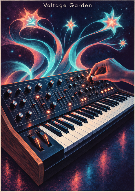 Dark analog synthesizer with a diagonal keyboard and glowing controls, a hand turning a knob, and luminous ribbons above; title Voltage Garden at the top.