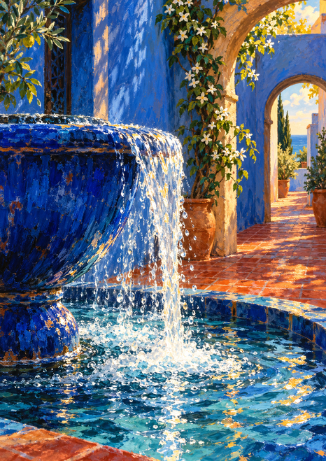 Cobalt-blue ceramic fountain spilling into a tiled courtyard basin, with terracotta paving, blue plaster, receding arches, and a white-flowered vine.