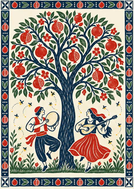Decorative pomegranate tree with red fruit above two small musicians in dance-like poses, framed by an indigo geometric border.