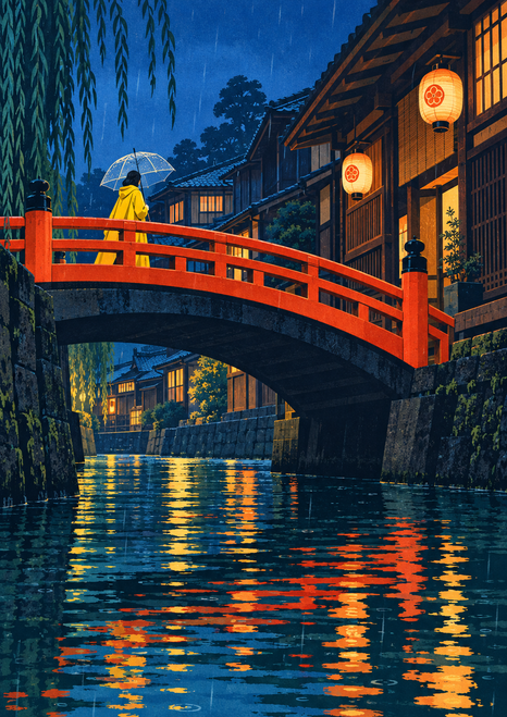 Bright vermilion arched bridge over a rainy canal, with a yellow-caped figure holding a clear umbrella, lanterns, traditional-looking buildings, and reflections.